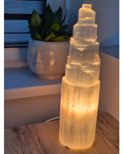 Duża Lampa Selenitowa Wieża 38 cm 4 kg Naturalny Kryształ Selenit Minerał