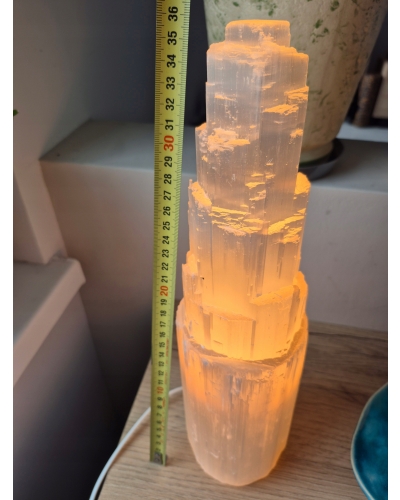 Duża Lampa Selenitowa Wieża 38 cm 4 kg Naturalny Kryształ Selenit Minerał