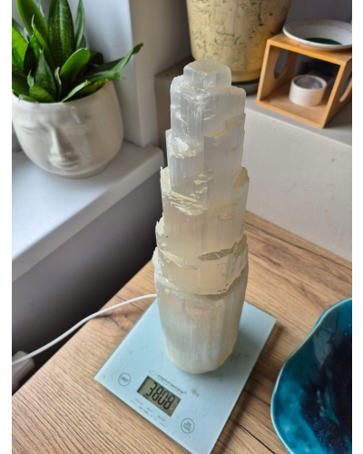 Duża Lampa Selenitowa Wieża 38 cm 4 kg Naturalny Kryształ Selenit Minerał