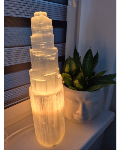 Duża Lampa Selenitowa Wieża 38 cm 4 kg Naturalny Kryształ Selenit Minerał